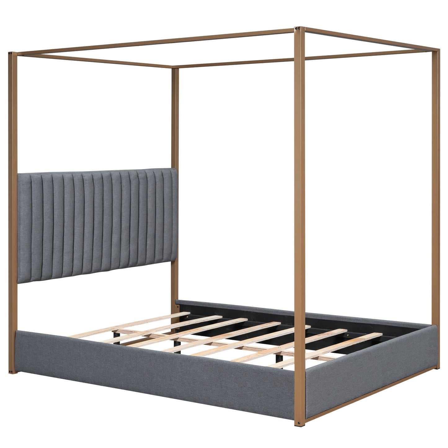 upholstery canopy platform bed with headboard and metal frame, gray