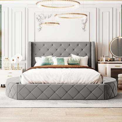 Upholstered Velvet Platform Bed with Wingback Headboard and 1 Big Drawer; 2 Side Storage Stool