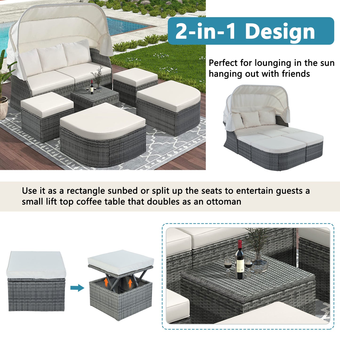 daybed/sunbed with retractable canopy set