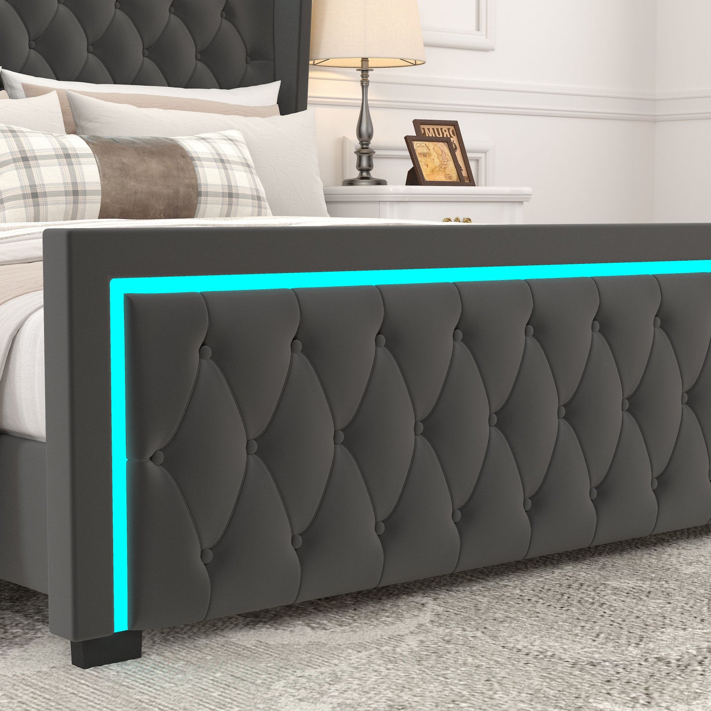 velvet upholstered bed with deep tufted buttons & adjustable colorful led light, black