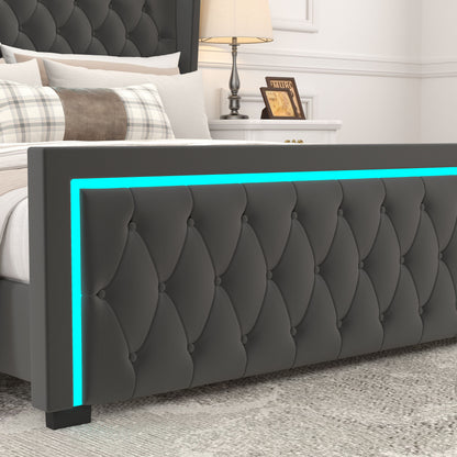 Velvet Upholstered Bed with Deep Tufted Buttons & Adjustable Colorful LED Light, Black