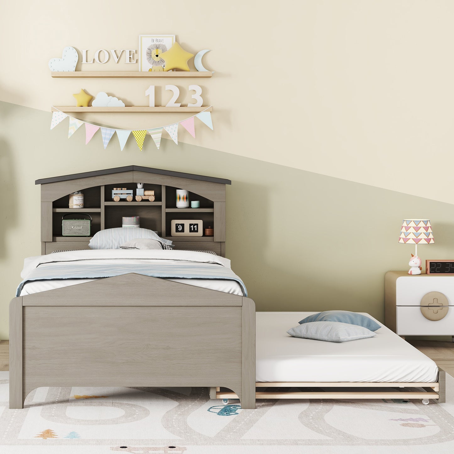house-shaped bed with storage headboard and trundle, gray