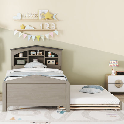 House-shaped Bed with Storage Headboard and Trundle, Gray