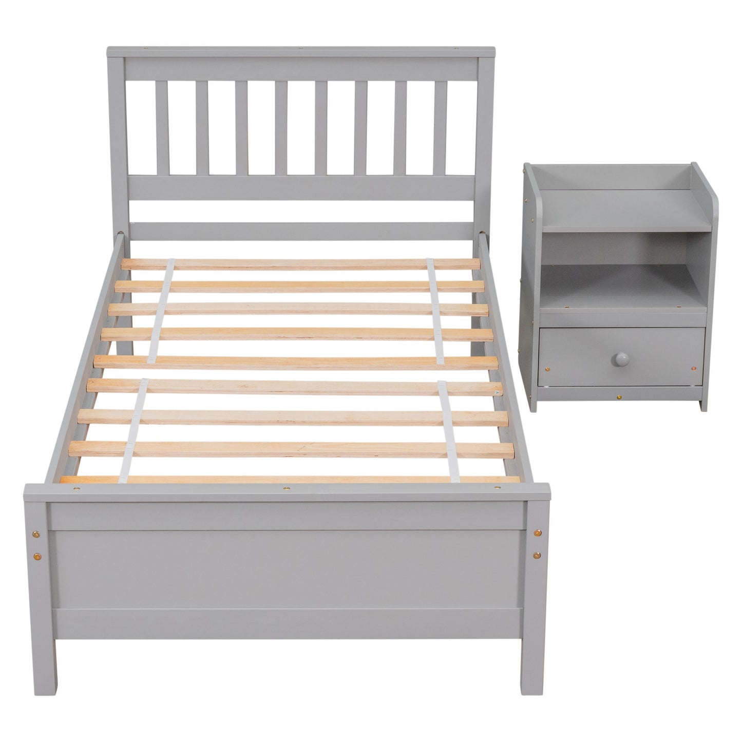 twin bed with headboard & nightstand, grey