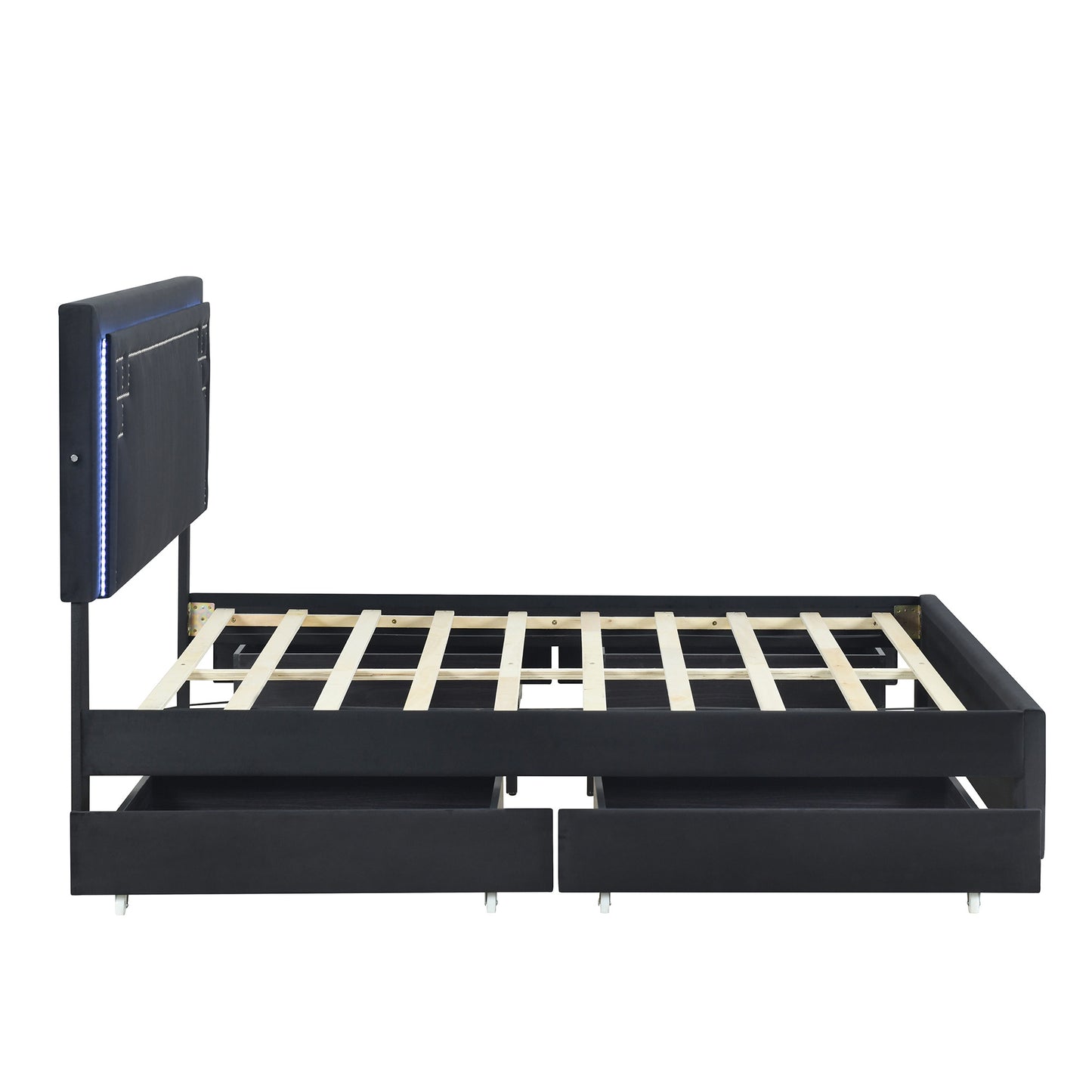 upholstered platform bed with rivet-decorated headboard, led bed frame and 4 drawers, black
