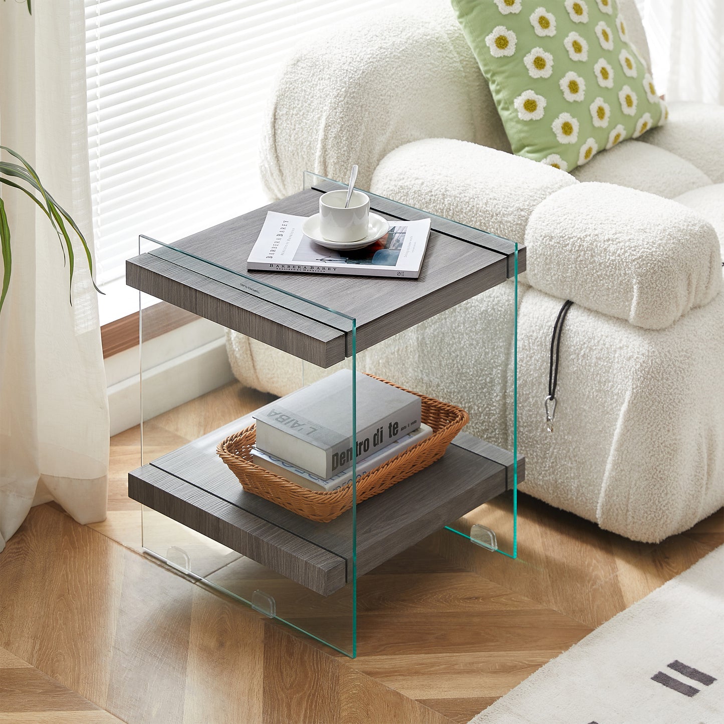 mdf end table, transparent/grey