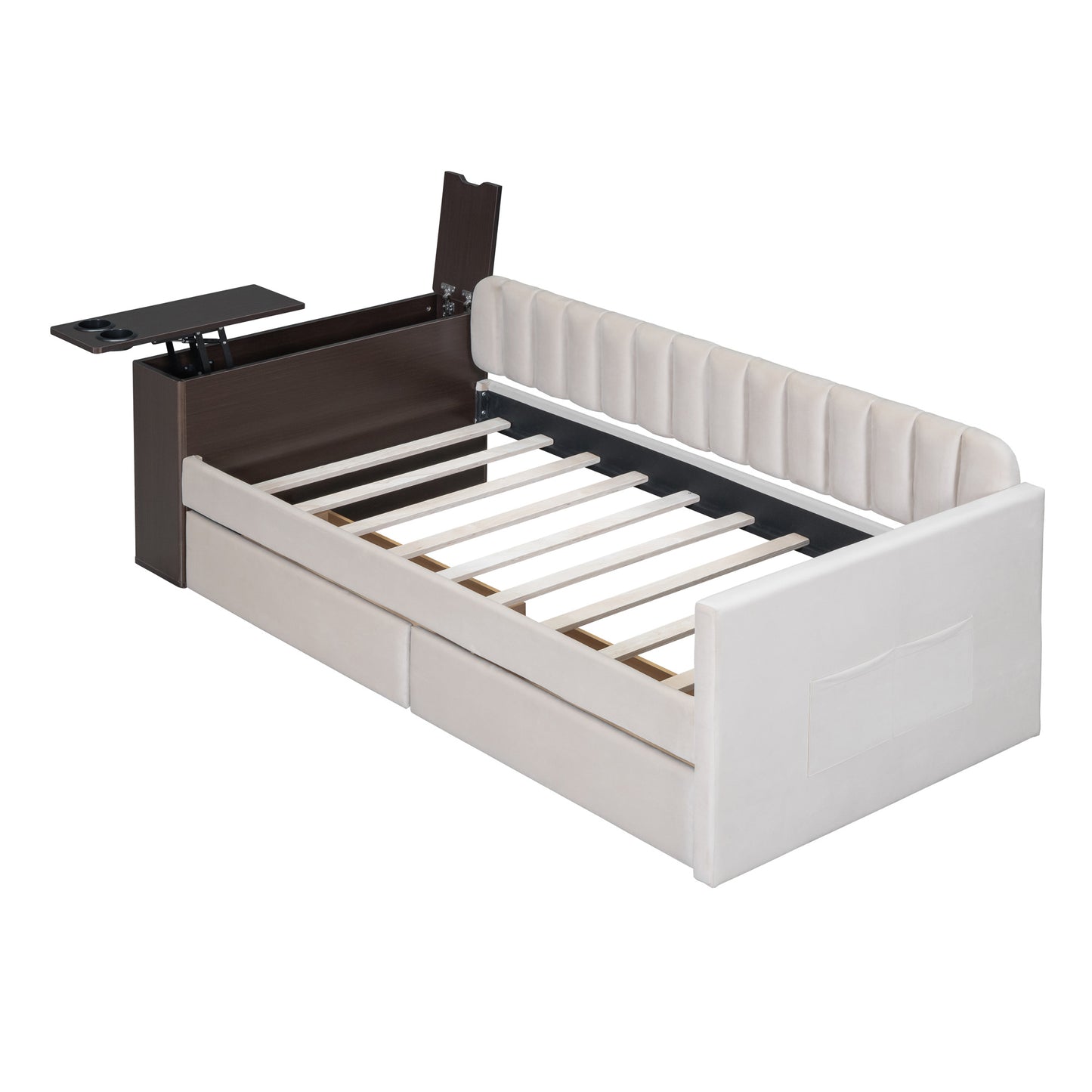 upholstered multi-functional daybed with cup holder and a set of usb ports and sockets, beige