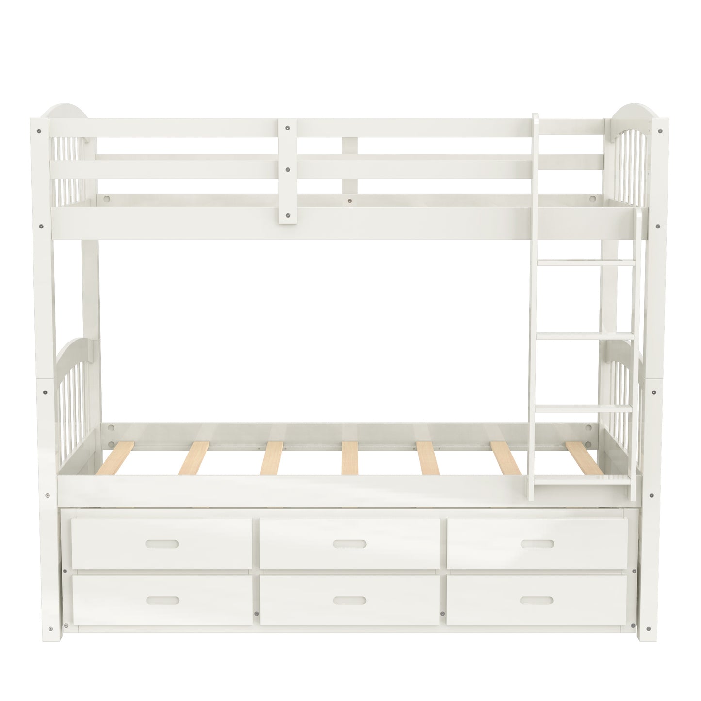 twin over twin wood bunk bed with trundle and drawers,white