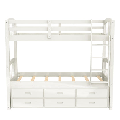 Twin over Twin Wood Bunk Bed with Trundle and Drawers,White