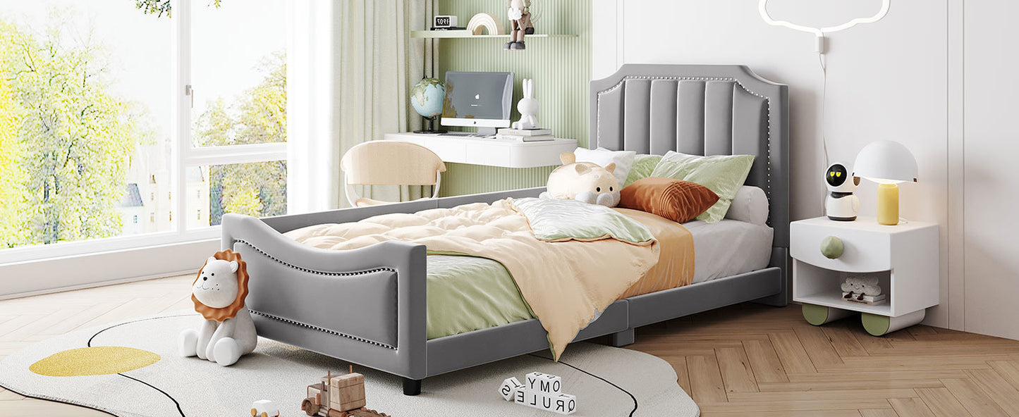 maya upholstered bed with classic stripe shaped headboard, gray