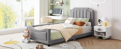 Maya Upholstered Bed with Classic Stripe Shaped Headboard, Gray