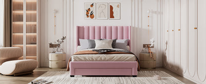 Velvet Upholstered Platform Bed with a Big Drawer - Pink