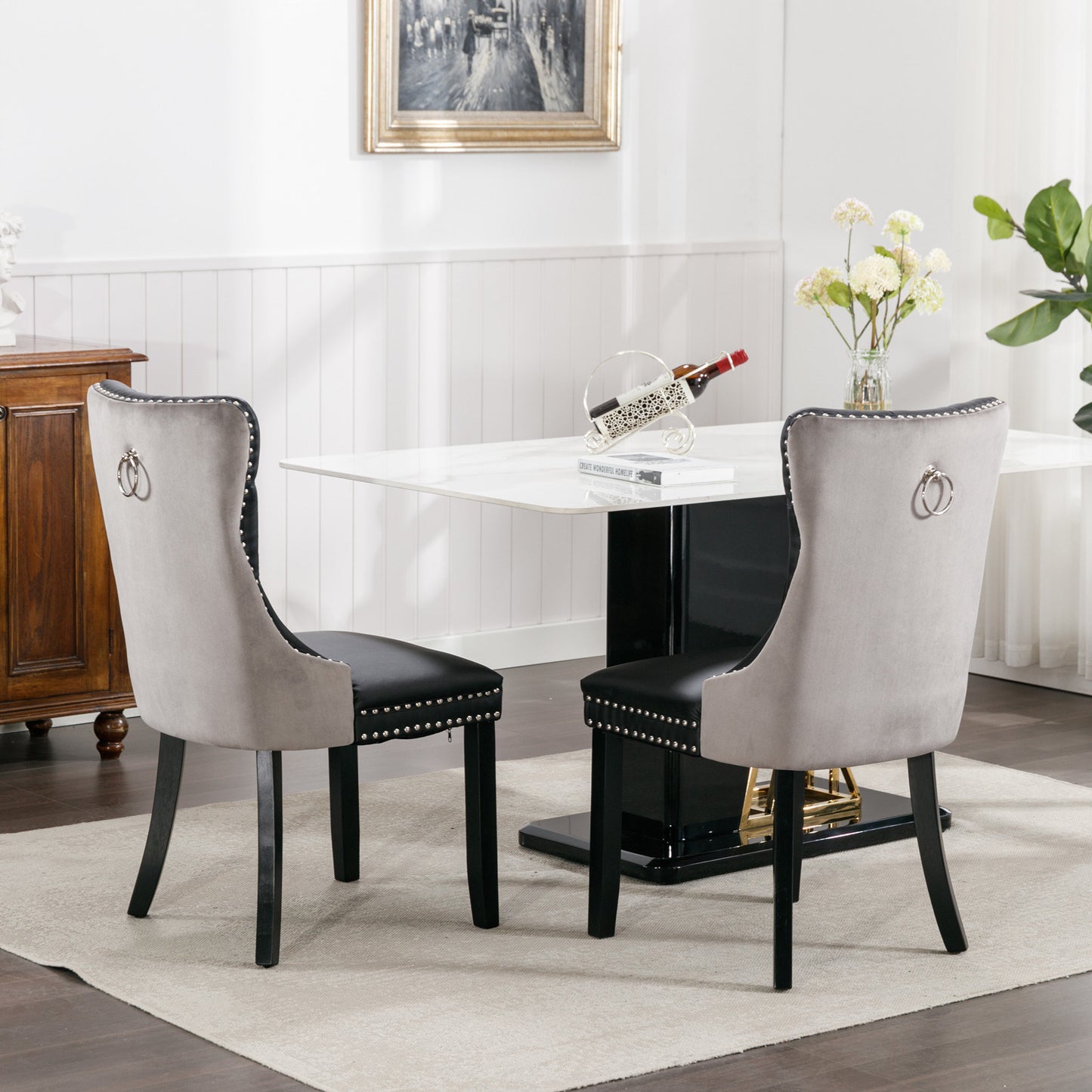 nikki collection modern high-end tufted dining chairs 2-pcs set, black+gray
