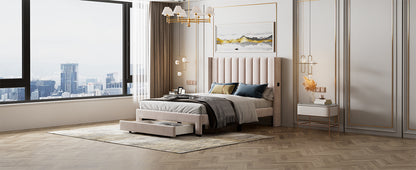 Velvet Upholstered Platform Bed with a Big Drawer - Beige