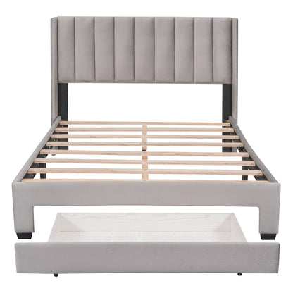 Danny Velvet Upholstered Platform Bed with a Big Drawer - Gray