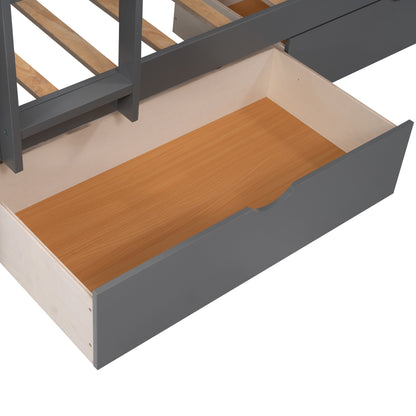 Twin Size Bunk Bed with a Loft Bed attached and Two Drawers, Gray