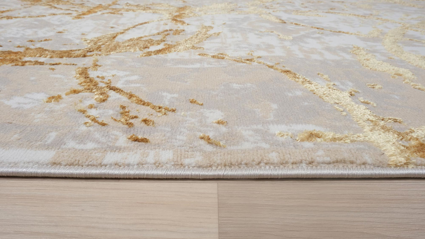 penina luxury area rug in beige and gray with gold circles abstract design