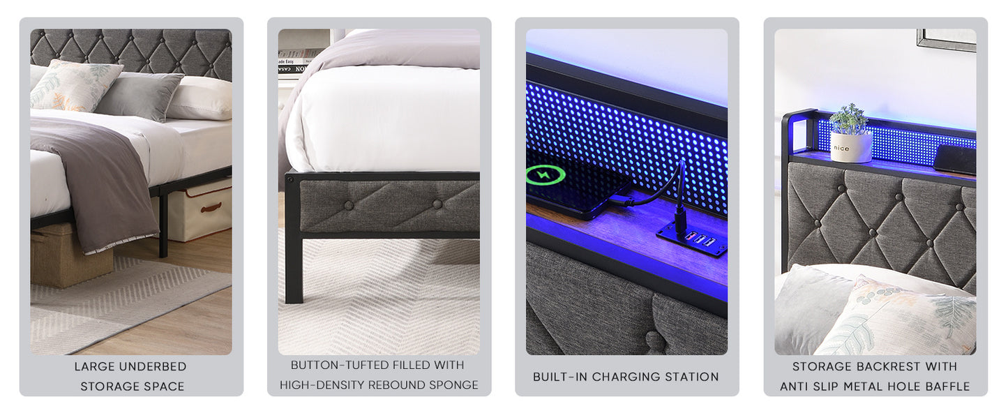 queen bed frame with storage headboard, charging station and led lights,dark gray
