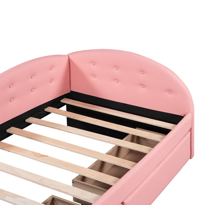 Upholstered Tufted Bed with Two Drawers and Cloud Shaped Guardrail, Pink