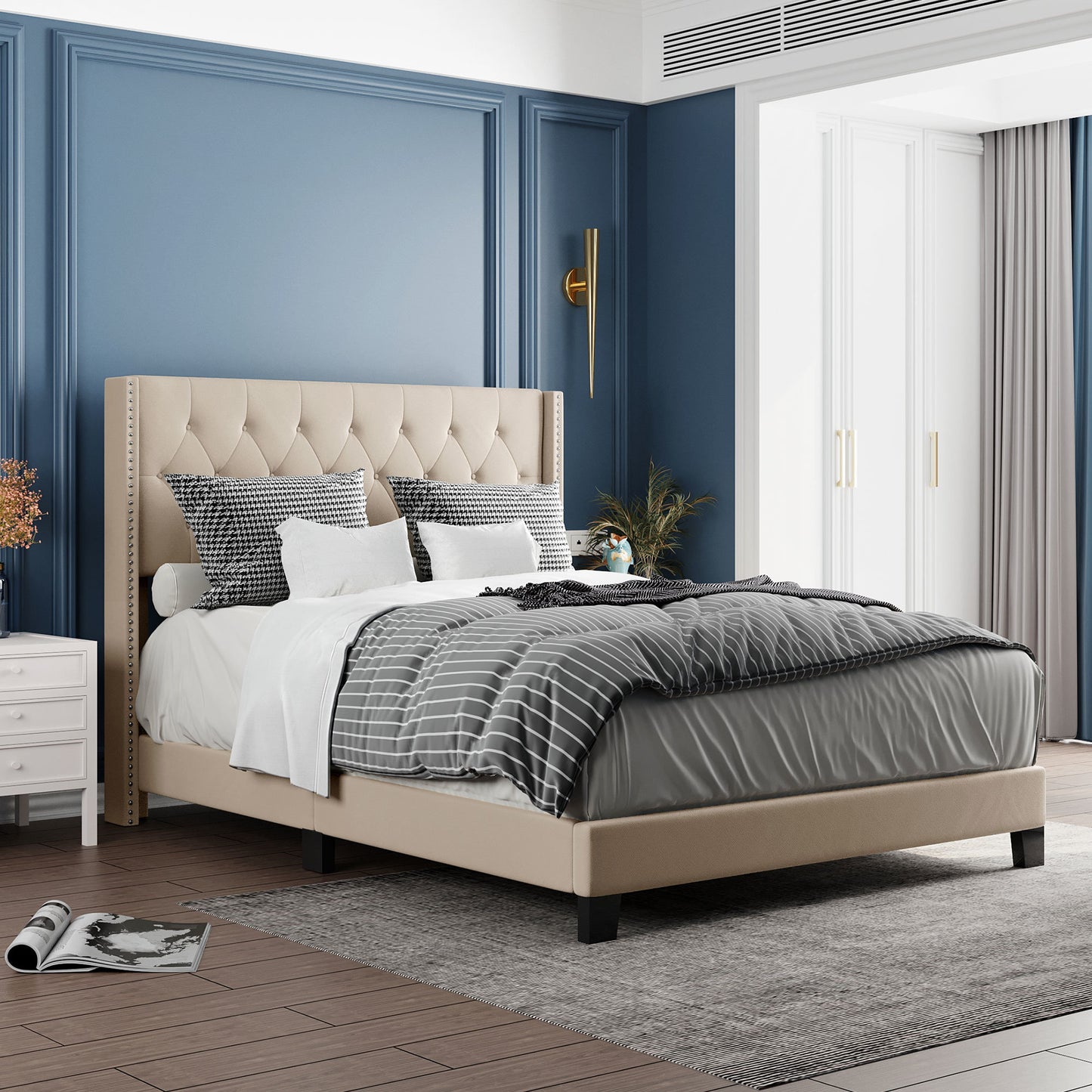 upholstered platform bed with classic headboard