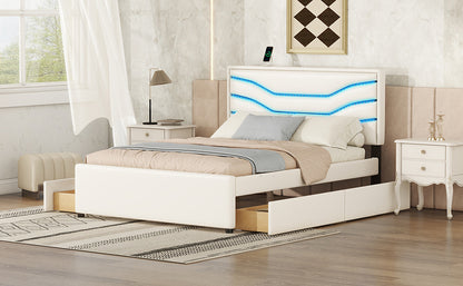 Retro Upholstered Storage Platform Bed with LED, 4 Drawers and USB Charging, White