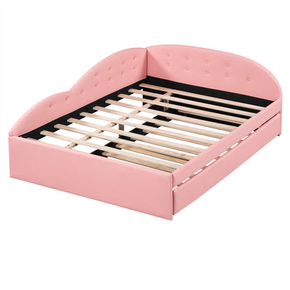 PU Upholstered Tufted Daybed with Trundle and Cloud Shaped Guardrail, Pink