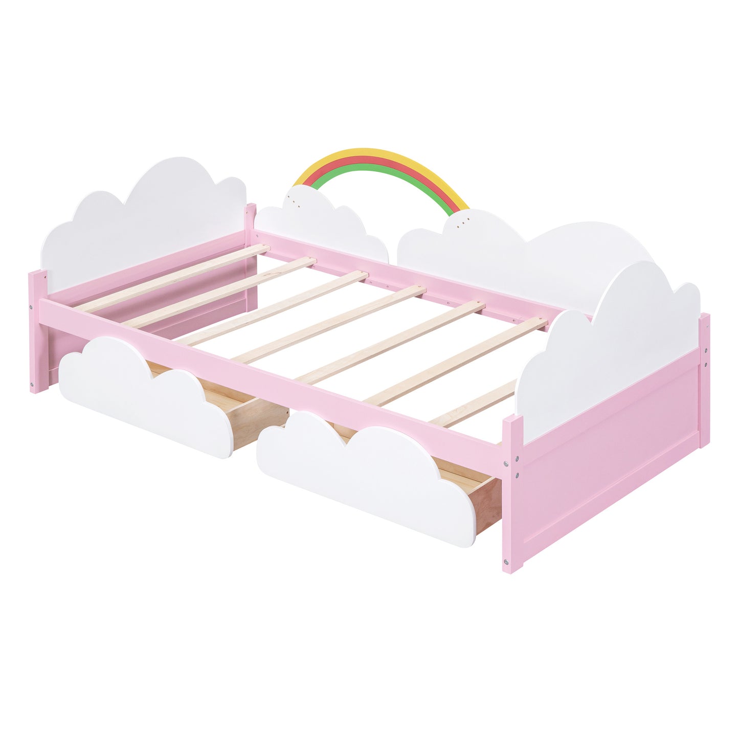 twin size bed with clouds and rainbow decor