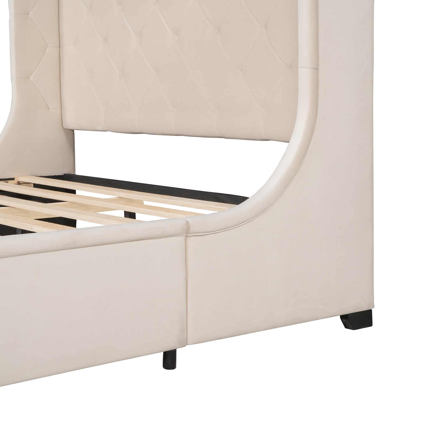 modern velvet upholstered platform bed with wingback headboard and a big drawer