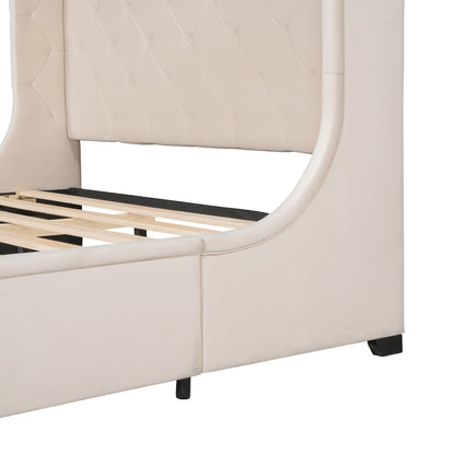 Modern Velvet Upholstered Platform Bed with Wingback Headboard and a Big Drawer