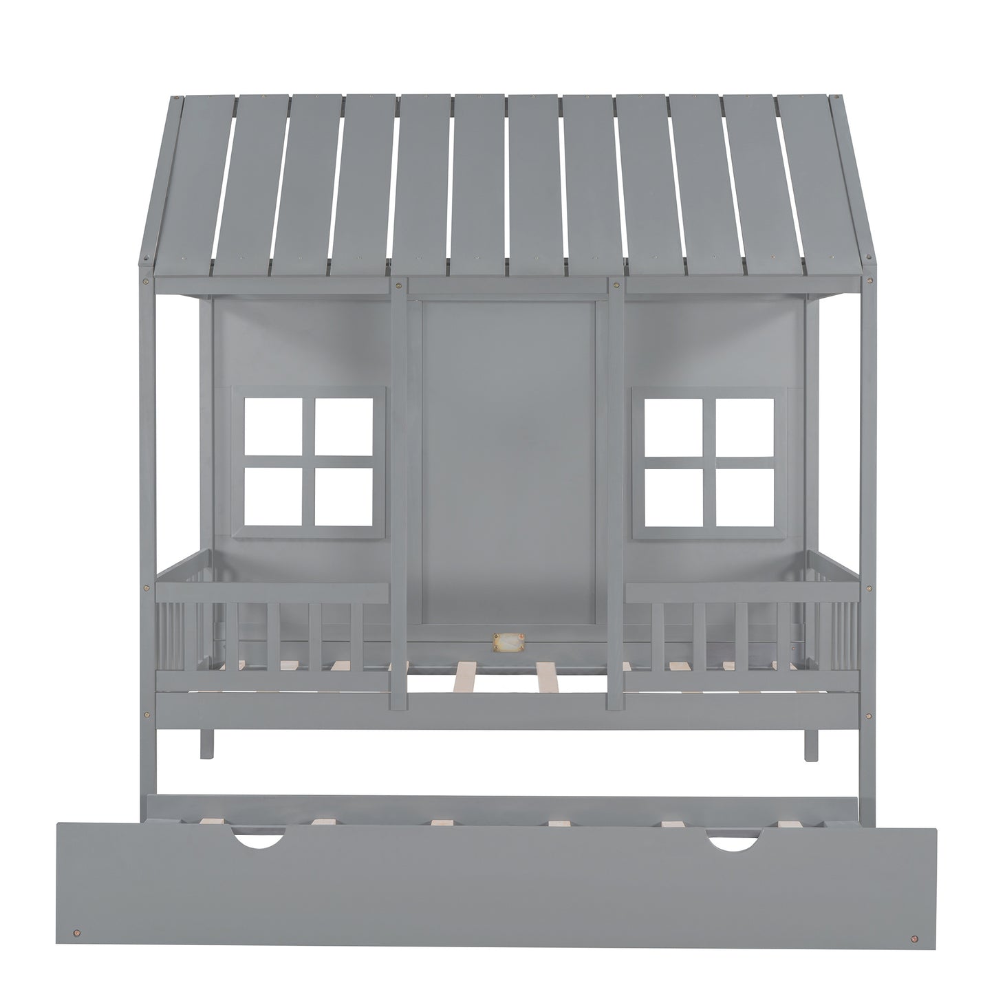 wood house bed with twin size trundle, gray