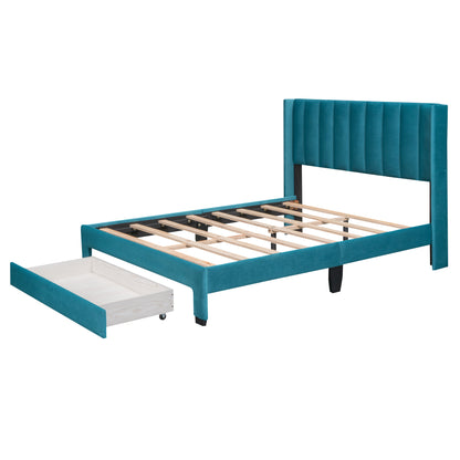 Danny Velvet Upholstered Platform Bed with a Big Drawer - Blue