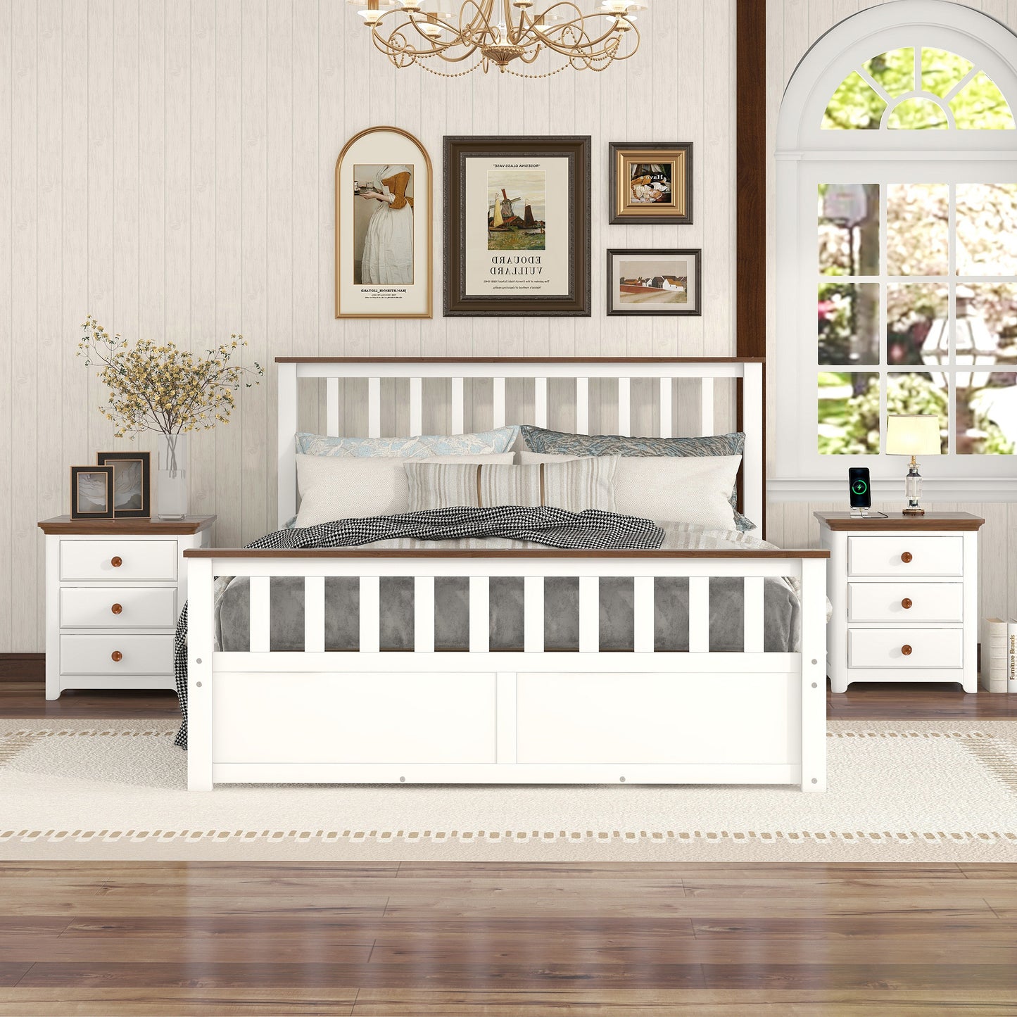 3-pieces bedroom sets  with two nightstands(usb charging ports),white+walnut