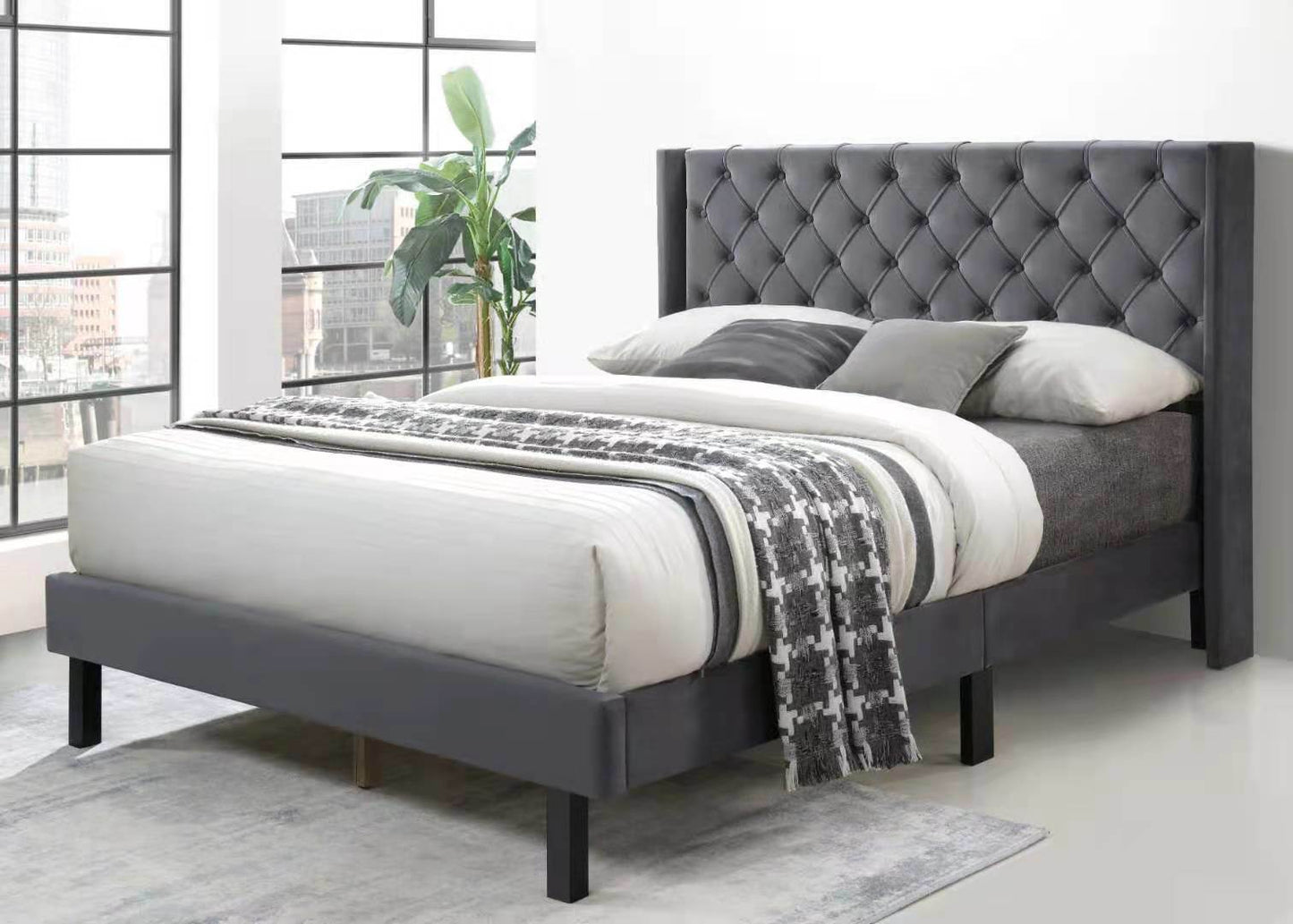 linen button tufted-upholstered bed with curve design