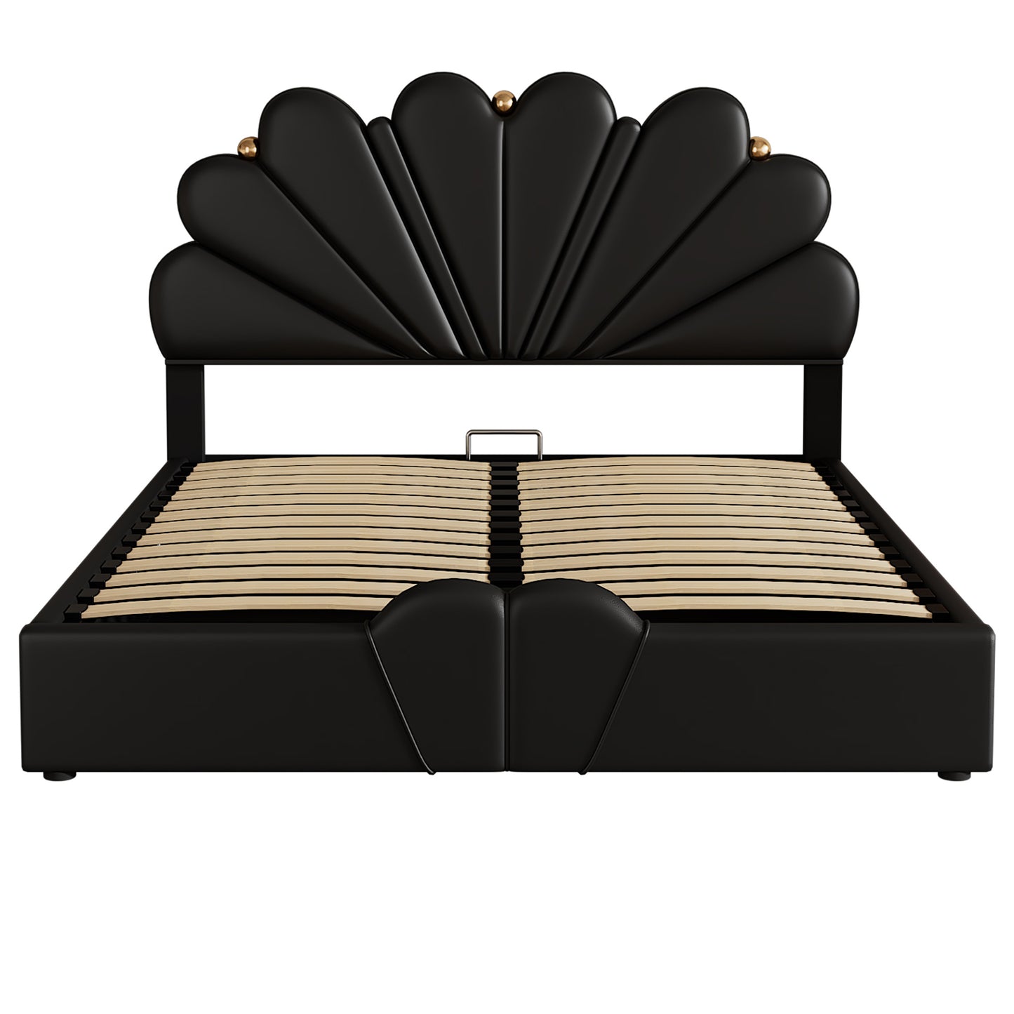 upholstered petal shaped platform bed with hydraulic storage system, pu storage bed, black