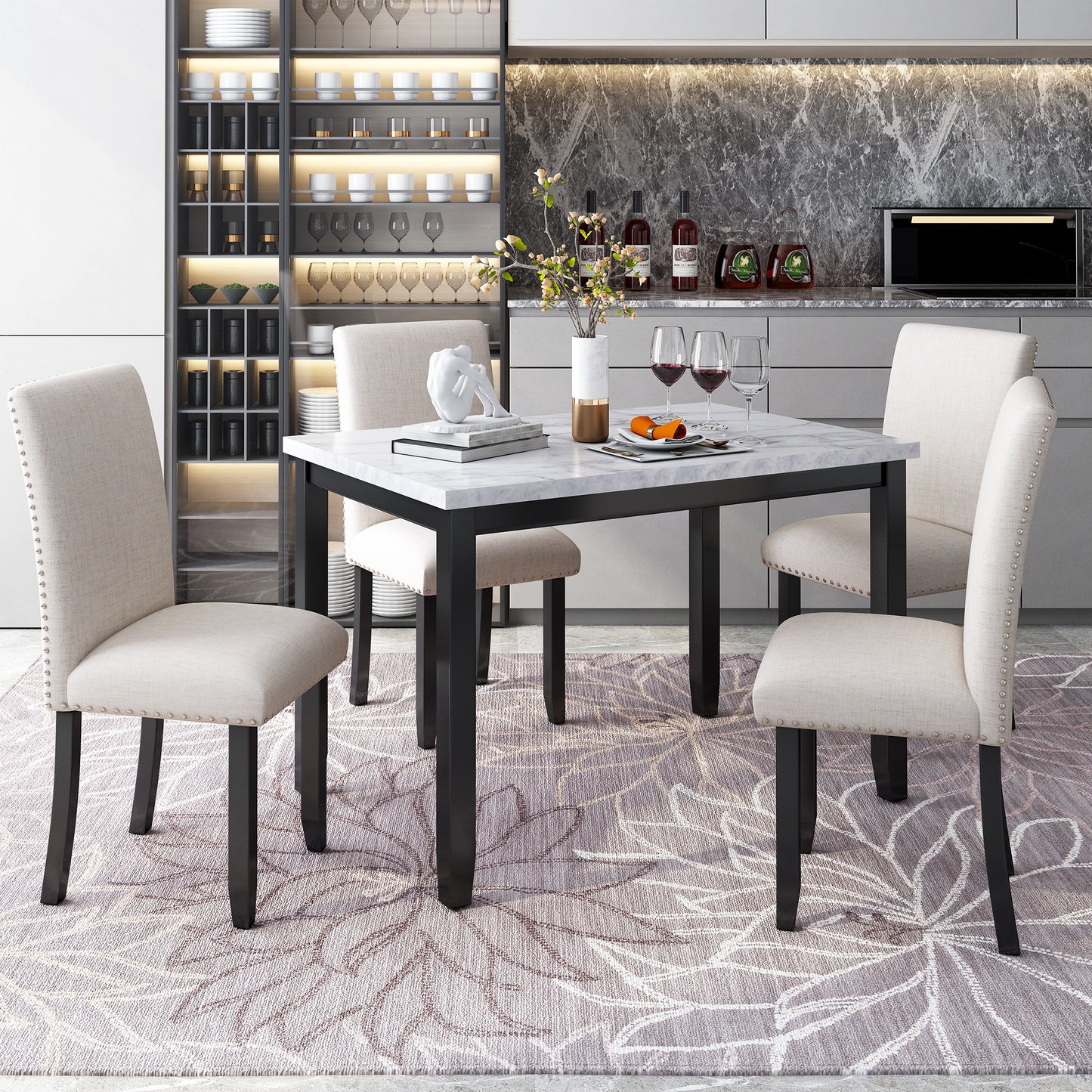 faux marble 5-piece dining table set ,white/beige+black