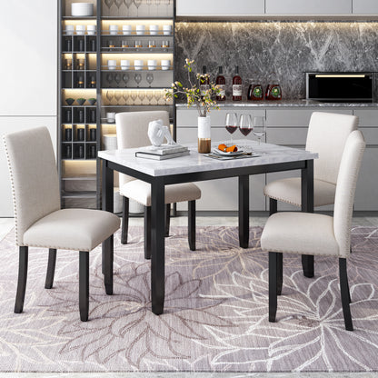 Faux Marble 5-Piece Dining Table Set ,White/Beige+Black