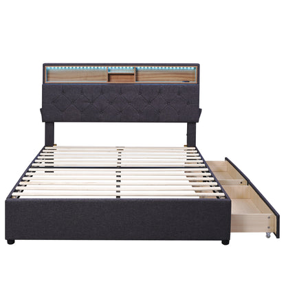 Full Size Upholstered Bed with Storage Headboard, LED, USB Charging and 2 Drawers, Dark Gray