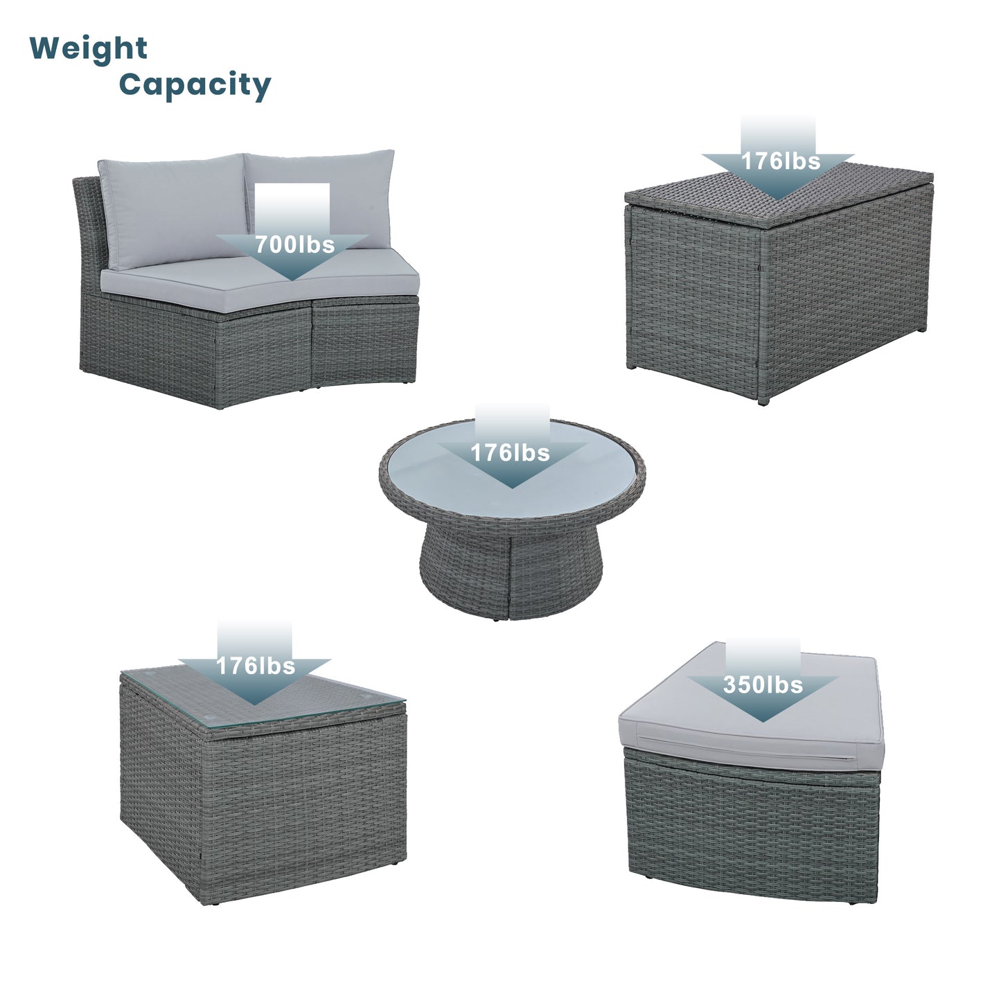 10-piece outdoor sectional half round patio rattan sofa set, light gray