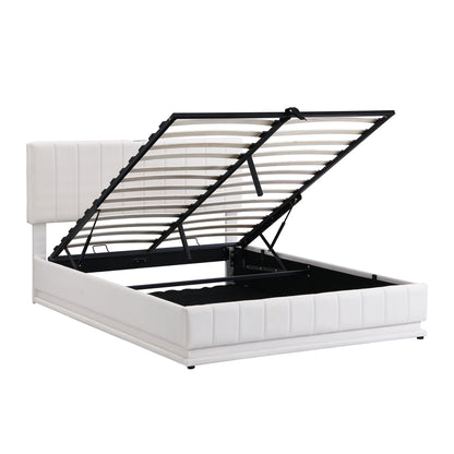 Upholstered Bed with Hydraulic Storage System and LED Light, Sockets, and USB Ports, White