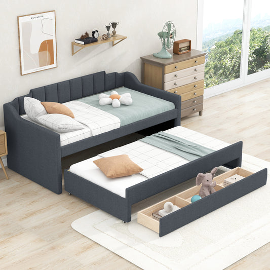 Upholstered Bed with Trundle and Three Drawers, Grey