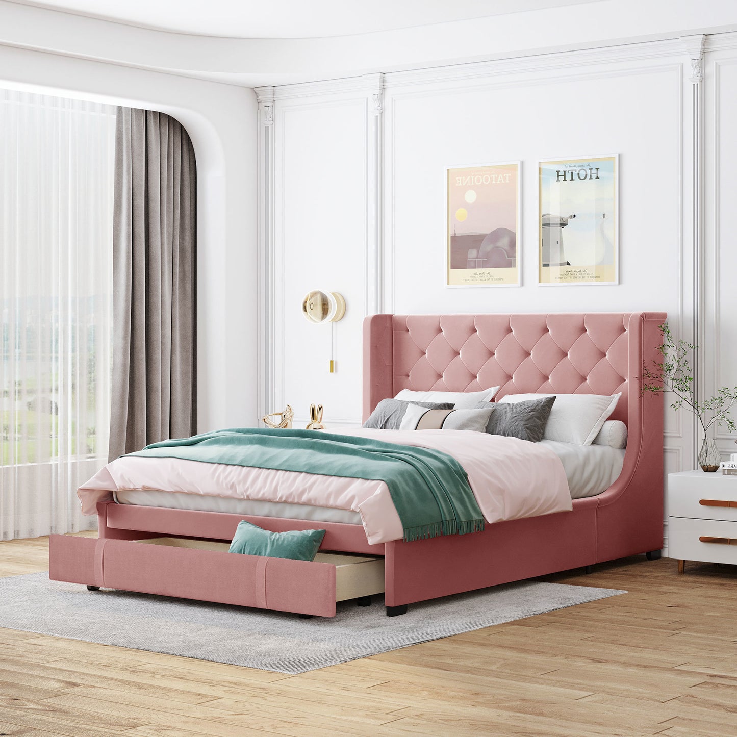 modern velvet upholstered platform bed with wingback headboard and a big drawer