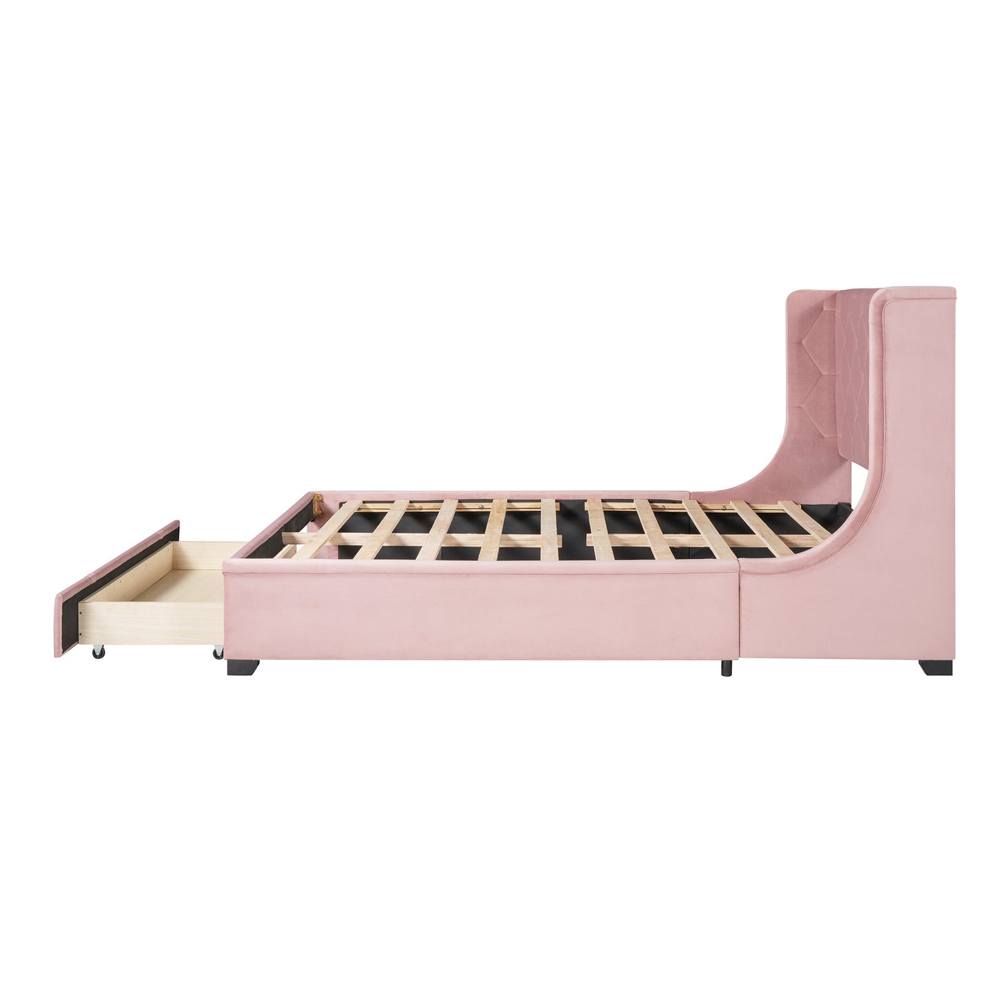 modern velvet upholstered platform bed with wingback headboard and a big drawer