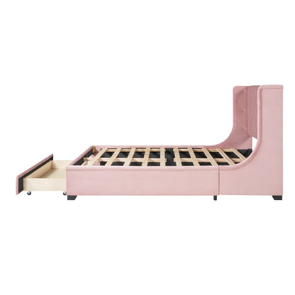 Modern Velvet Upholstered Platform Bed with Wingback Headboard and a Big Drawer