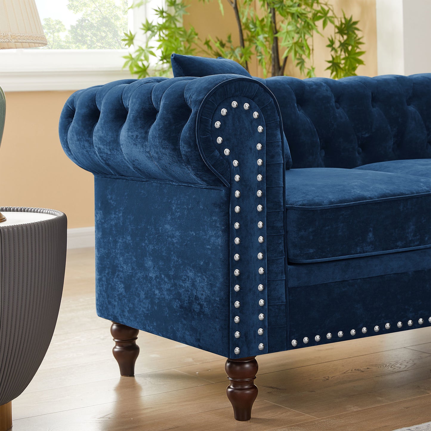 luxury classic chesterfield l-shaped sofa 3 pillows included, blue velvet