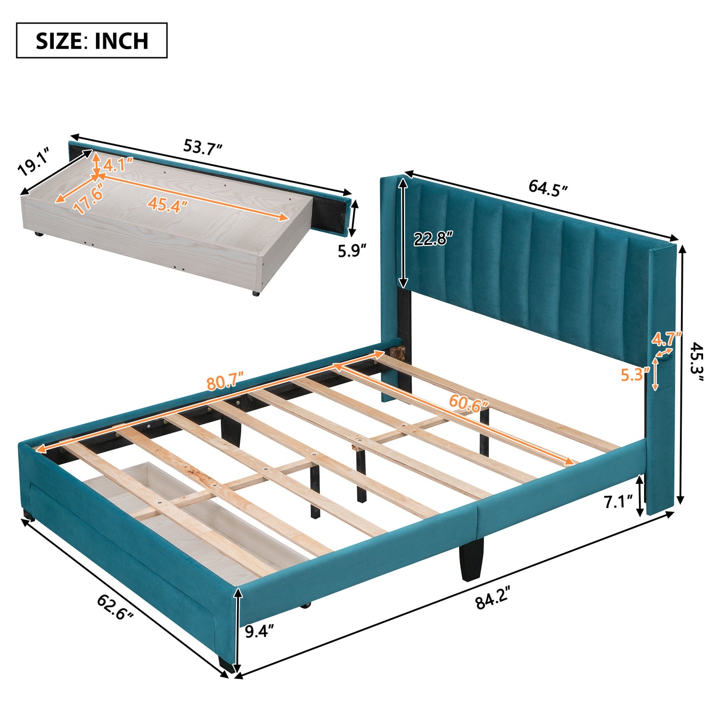 velvet upholstered platform bed with a big drawer - blue