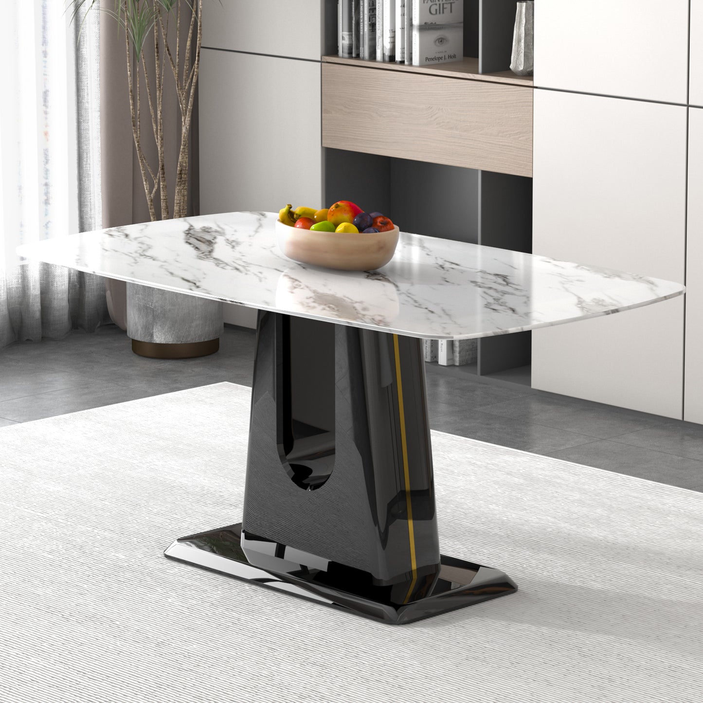 a modern, minimalist, and luxurious dining table with a white imitation marble tabletop and mdf legs with u-shaped brackets. tables in restaurants and living rooms 63"*35.4"*30 f-u