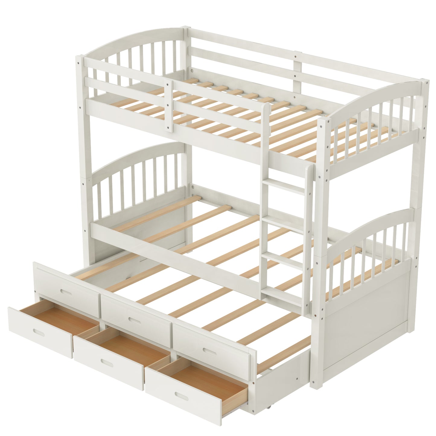 twin over twin wood bunk bed with trundle and drawers,white