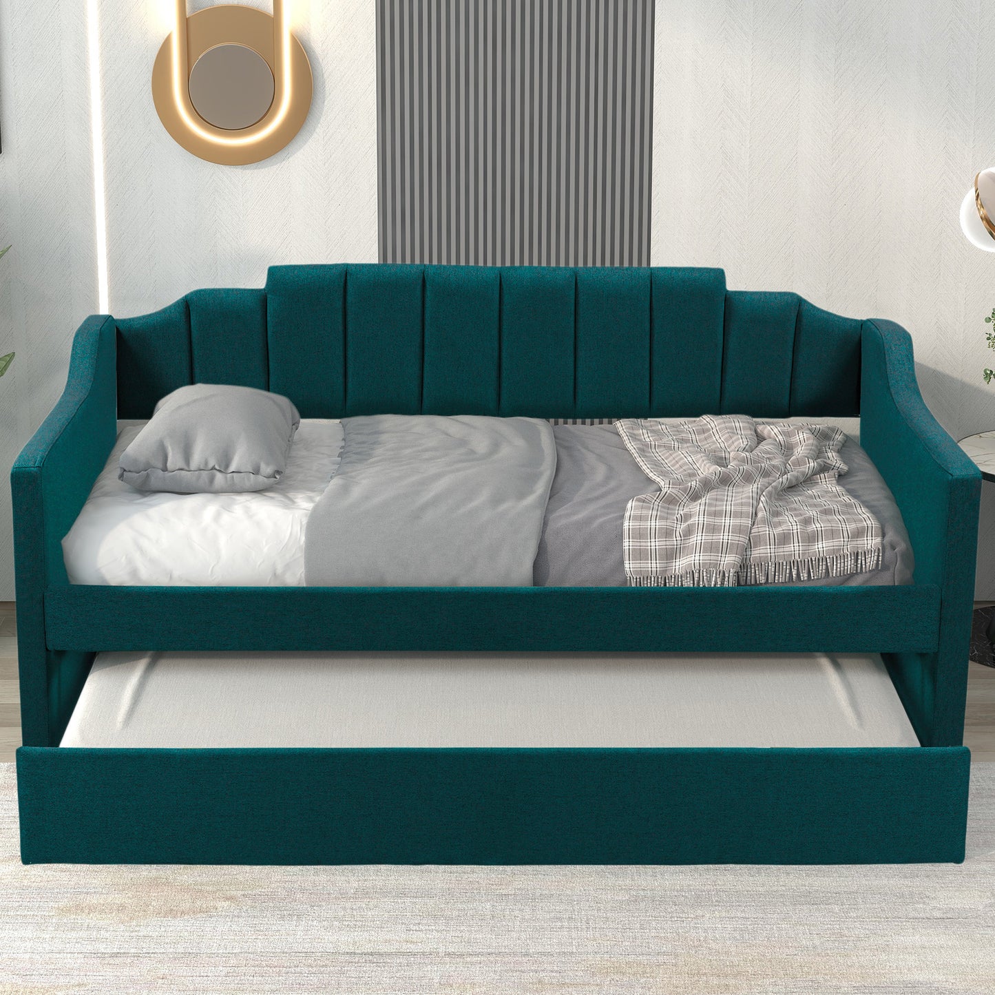 upholstered twin bed with trundle, green