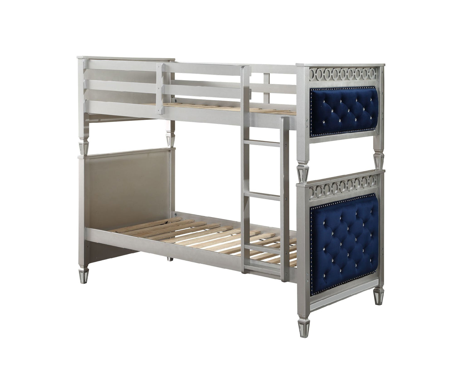acme varian bunk bed, blue velvet & silver finish