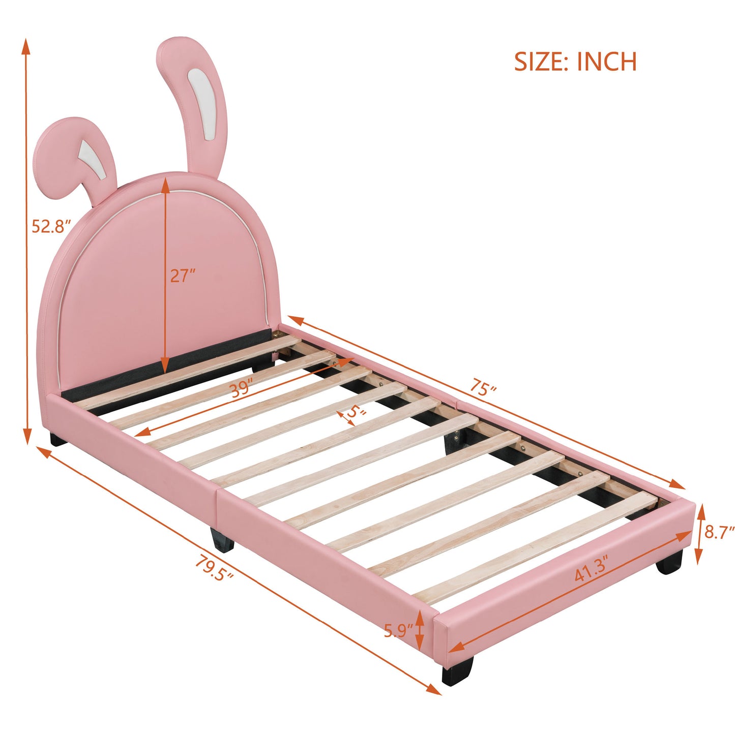 twin size upholstered leather platform bed with rabbit ornament, pink